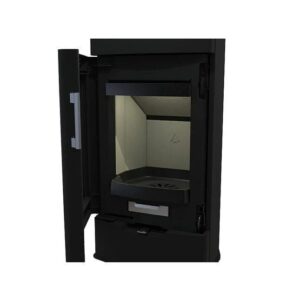 Kaminofen KRETZ ECHEDO 1 – 7 kW, schwarz, mit Holzfach & großer Sichtscheibe